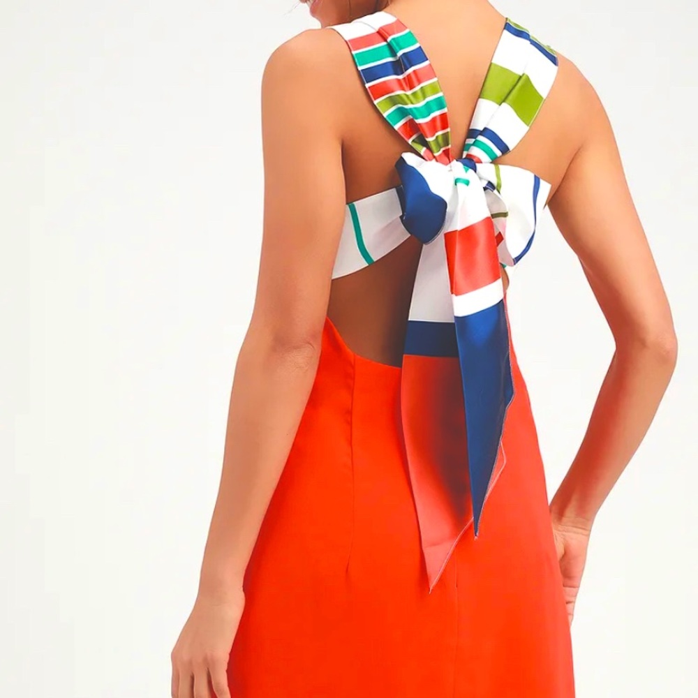 Lulu’s Red Orange Multi-Stripe tie back mini dress, NWT